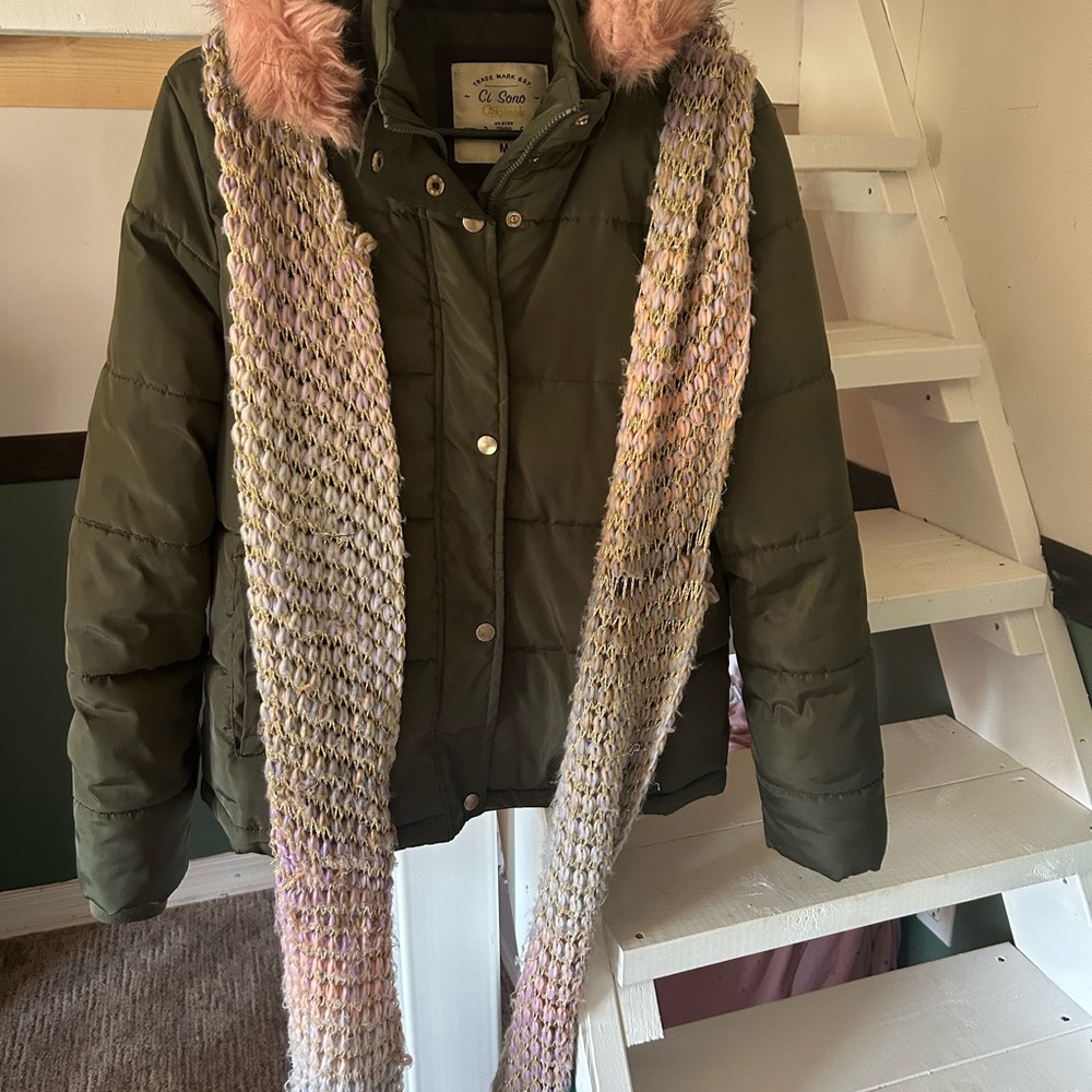 Ci Sono Olive Jacket with Pink Hood and Knit Scarf